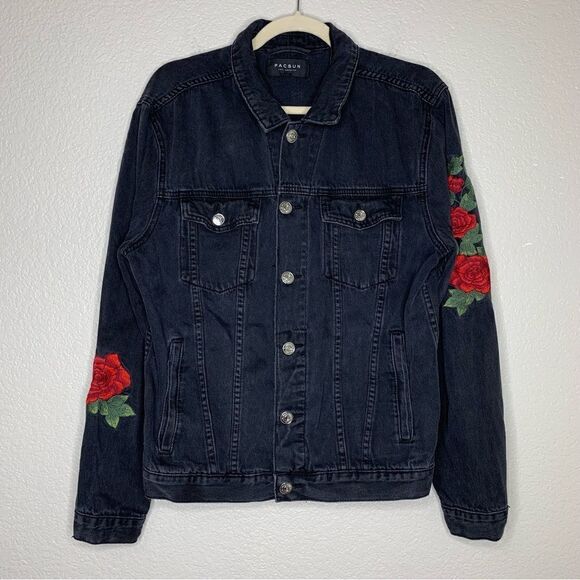 Pacsun Women’s Size Medium Black Denim Embroidered Jacket - Picture 1 of 13